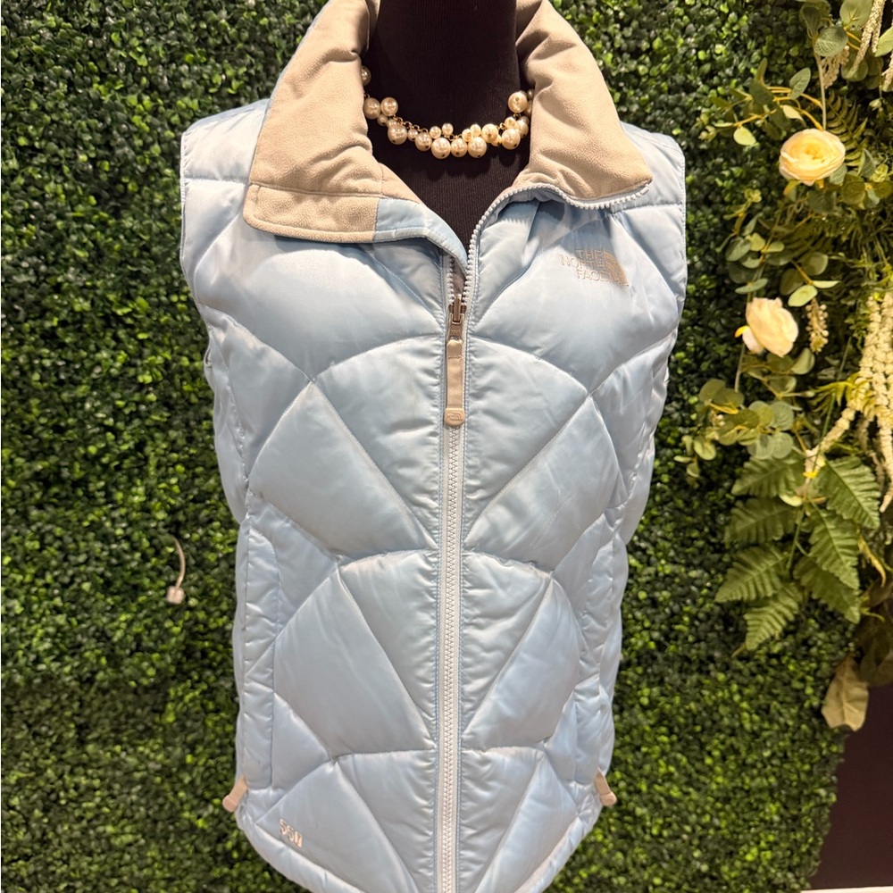 Light Blue Quilted Vest with Beige Trim - The North Face